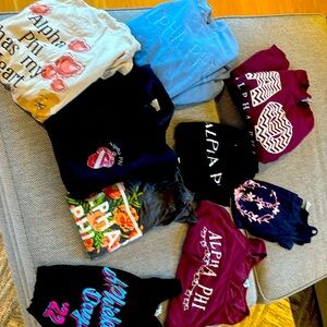 Lot of 9 Alpha Phi tops. Various sizes tank tops, sweatshirtsrts, T shirts